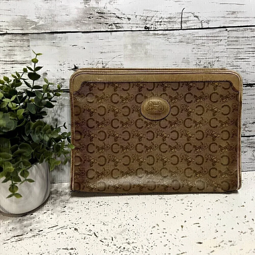 CELINE Vintage Macadam Brown Coated Canvas Clutch Pouch Cosmetic Bag